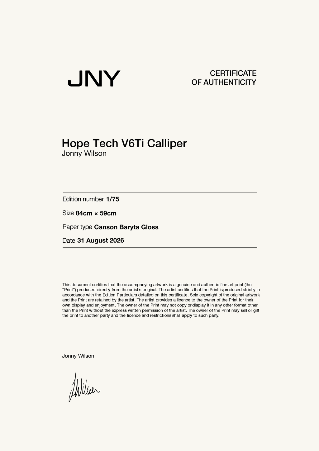 Hope Tech V6Ti Calliper — Certificate of Authenticity