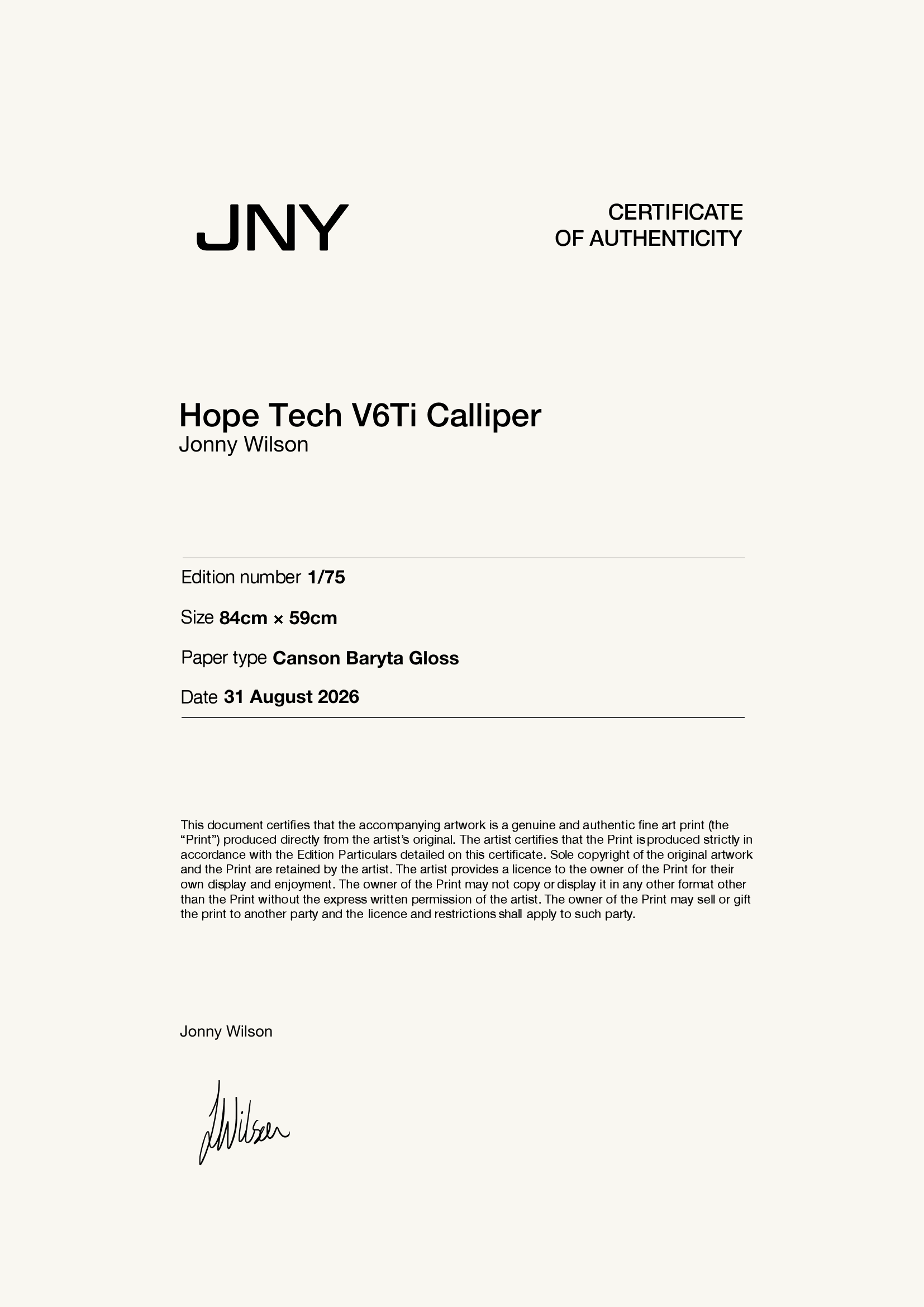Hope Tech V6Ti Calliper — Certificate of Authenticity