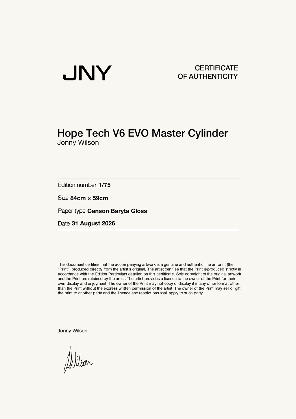 Hope Tech V6 EVO Master Cylinder — Certificate of Authenticity