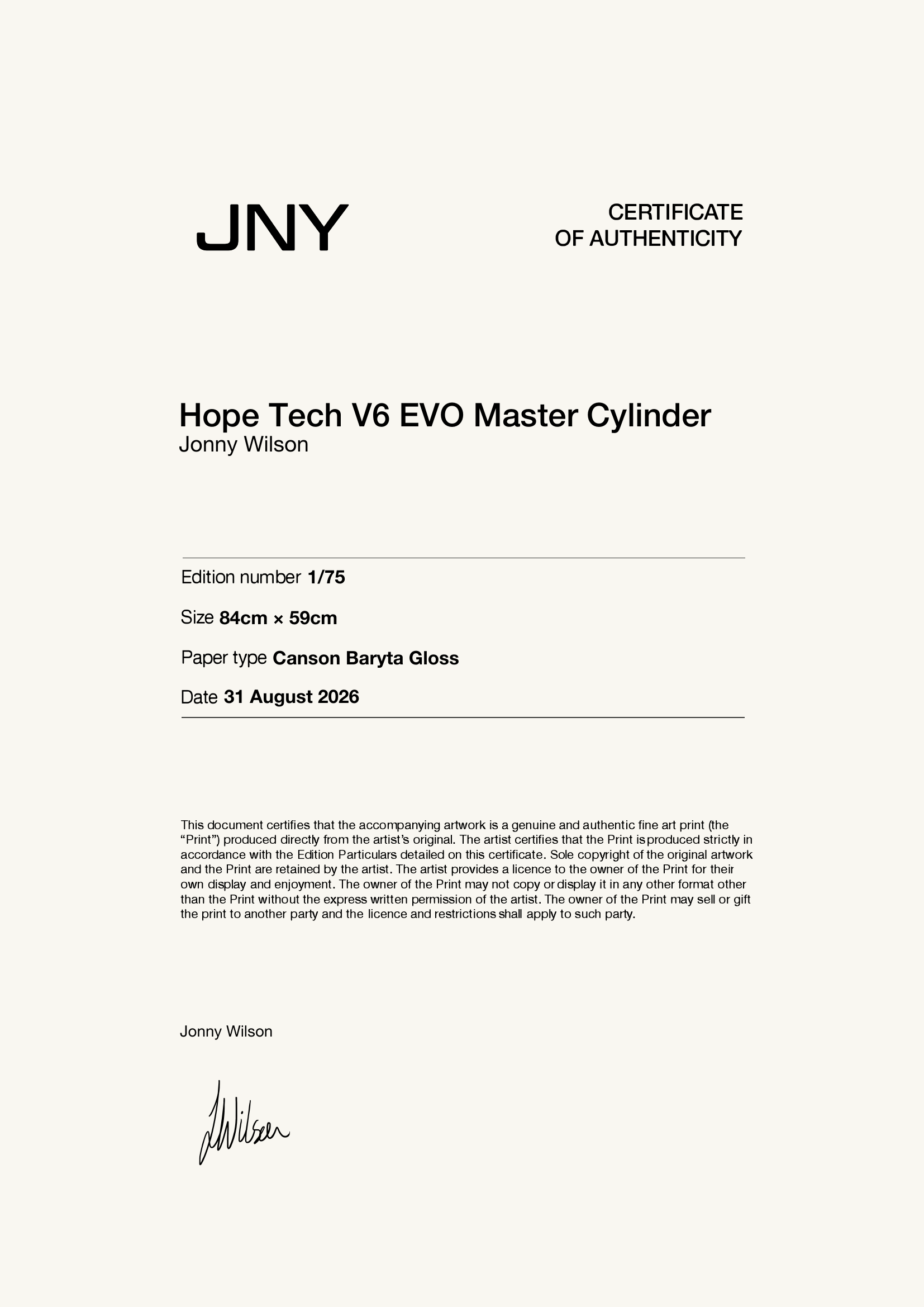 Hope Tech V6 EVO Master Cylinder — Certificate of Authenticity